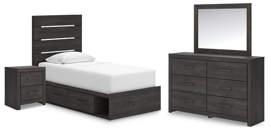 Hollivern Twin Panel Bed with Storage, Dresser, Mirror and Nightstand