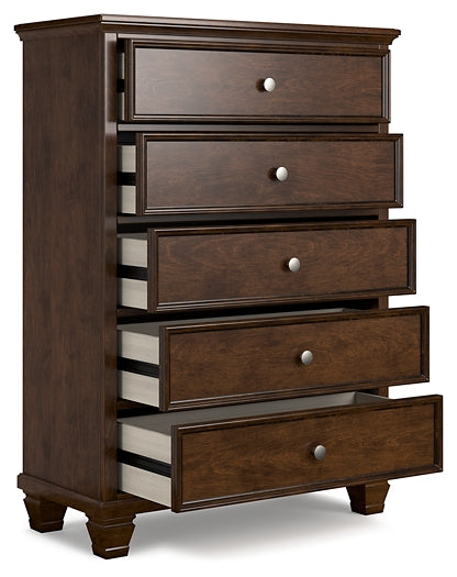 Danabrin California King Panel Bed with Mirrored Dresser, Chest and Nightstand