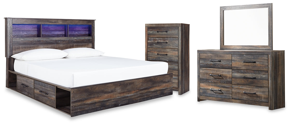 Drystan King Bookcase Bed with 2 Storage Drawers with Mirrored Dresser and Chest