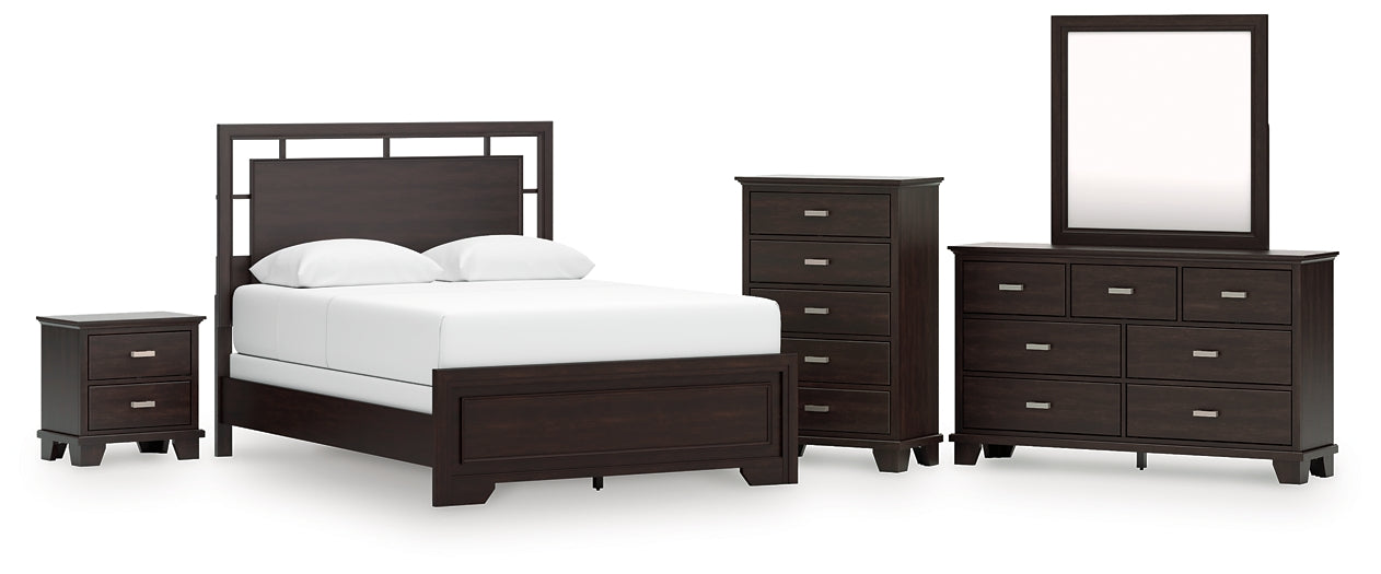 Covetown Queen Panel Bed with Mirrored Dresser, Chest and Nightstand