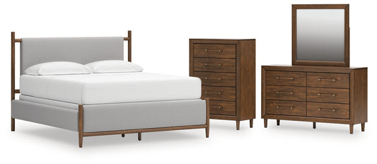 Lyncott California King Upholstered Bed with Mirrored Dresser and Chest