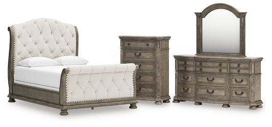 Ardenfield Queen Upholstered Sleigh Bed with Mirrored Dresser and Chest