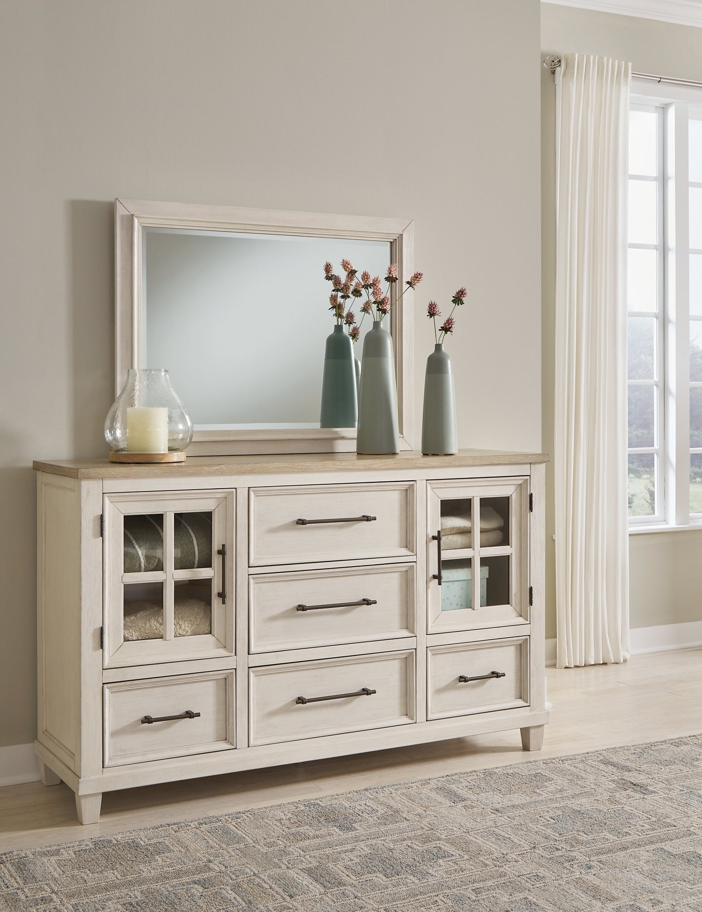 Shaybrock King Panel Bed with Mirrored Dresser and Chest