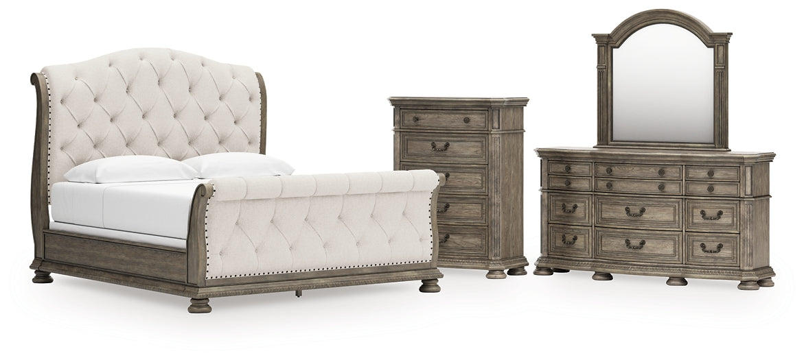Ardenfield King Upholstered Sleigh Bed with Mirrored Dresser and Chest