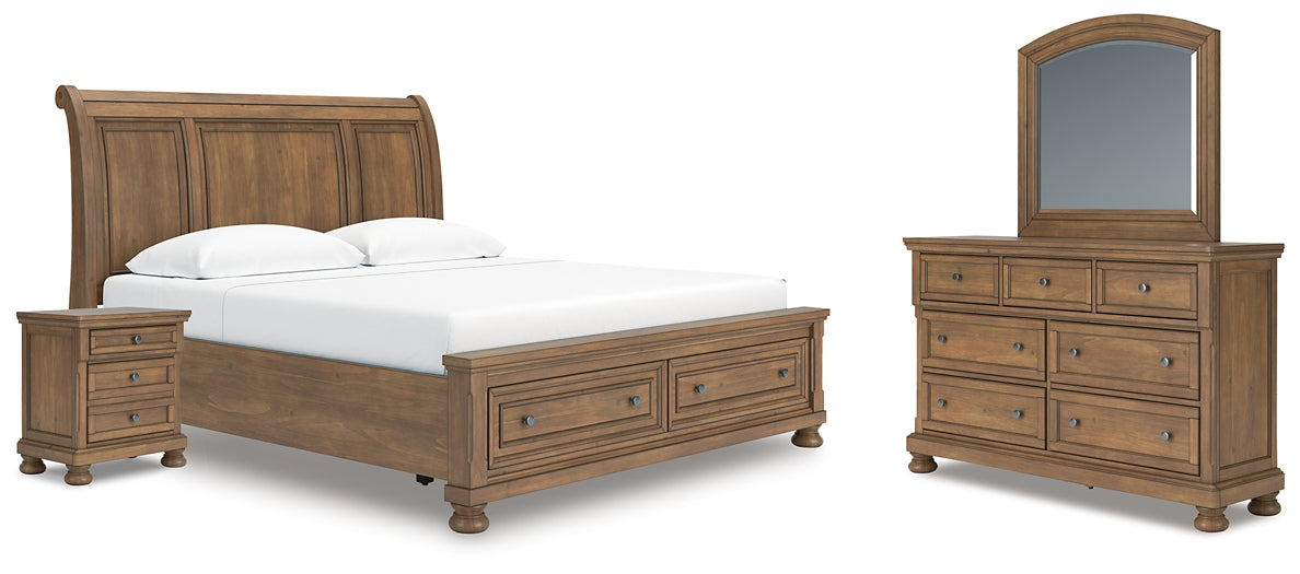 Feddinger King Storage Sleigh Bed with Mirrored Dresser and Nightstand