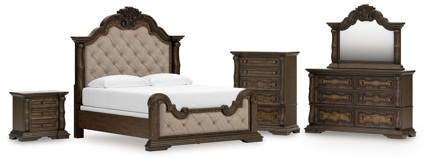 Maylee King Upholstered Bed with Mirrored Dresser, Chest and Nightstand
