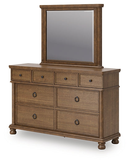 Rowlenstown Queen Poster Bed with Mirrored Dresser